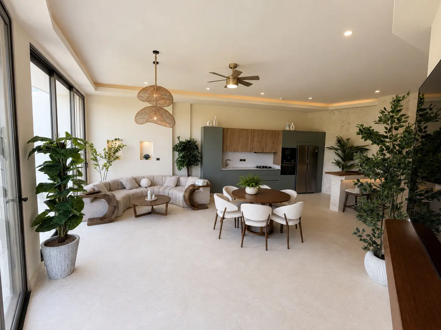 Vue intérieure panoramique du séjour et de la cuisine ouverte de Circle View Appartement 1